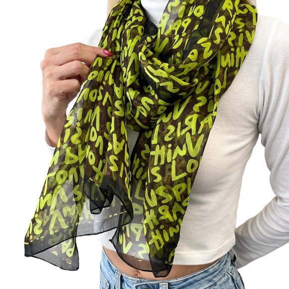 LOUIS VUITTON Vintage LV Monogram Logo Graffiti Scarf Green Brown Silk [106311] - Picture 1 of 10